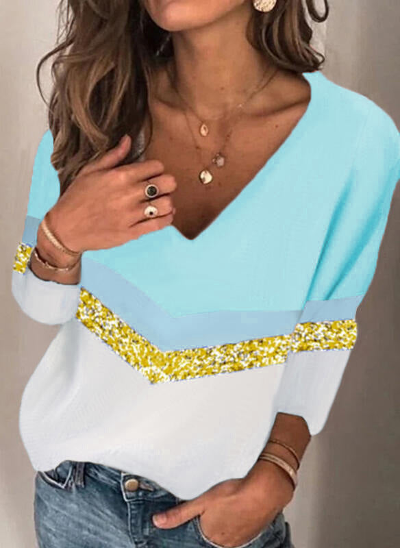 Women Stylish V Neck Fine Knit Sweater with Glitter Ribbon and Colorblock Insert Mune Fashion