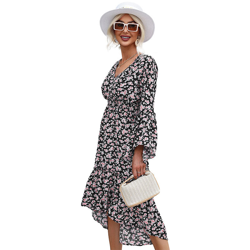 Women's midi dress in chiffon look with floral print, V-neck, bell sleeves and tiered ruffles Mune Fashion