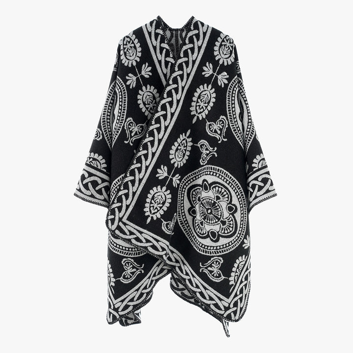 Women's Oversized Cape with Ornamental Jacquard and Asymmetrical Pointed Hem Mune Fashion