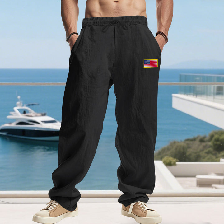 Men's casual lightweight lounge pants with drawstring waistband, wide leg and flag patch Mune Fashion