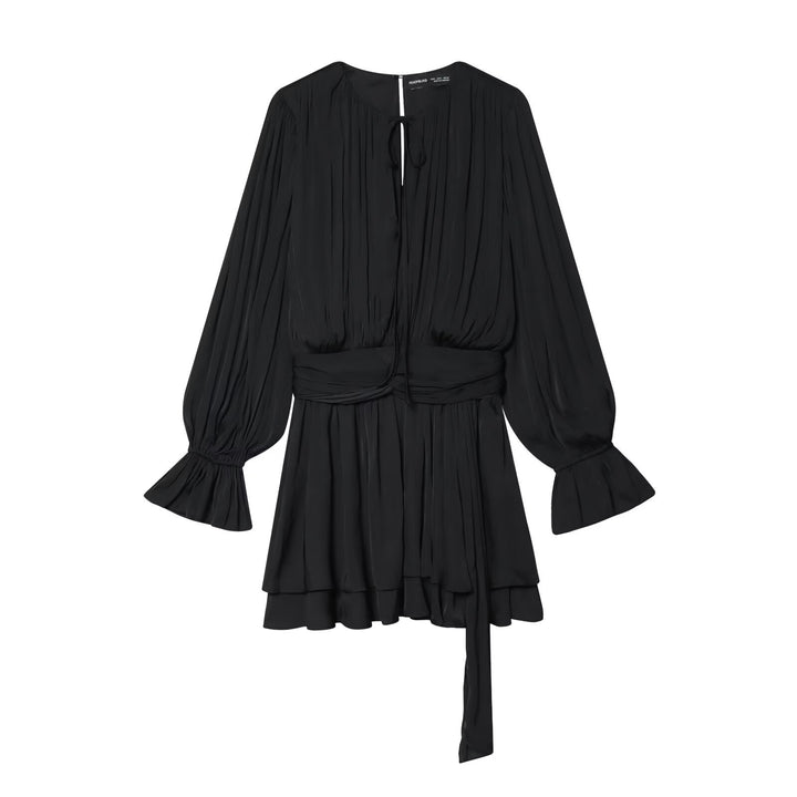 Women's Pleated Tie Blouson Mini Dress with Fitted Wrap Belt and Bell Sleeves Mune Fashion