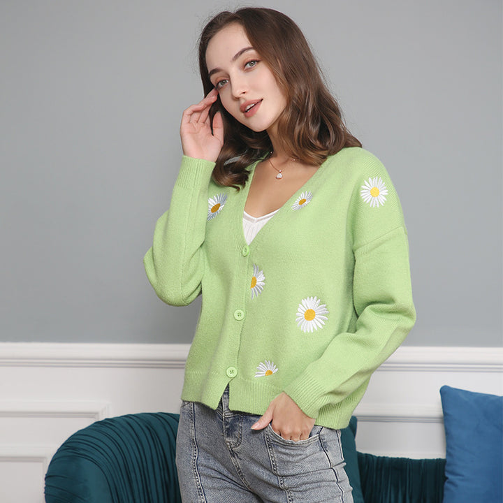 Women Short Cut V-Neck Knit Cardigan with Embroidered Daisies and Ribbed Cuffs Mune Fashion