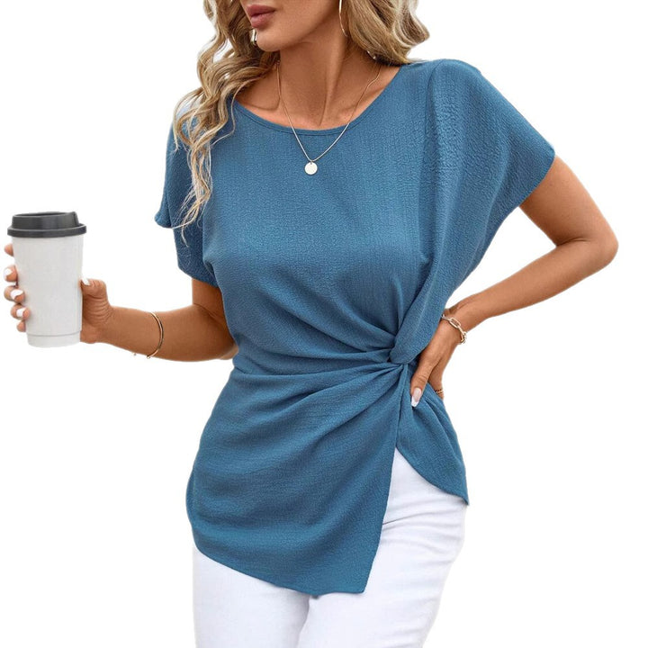Women's fitted short sleeve draped shirt with side knot sling and textured crepe look Mune Fashion