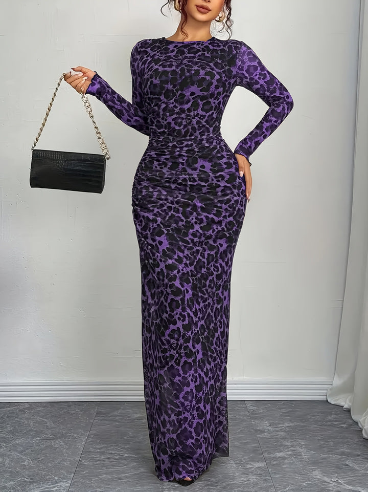 Women's figure-hugging maxi dress with animal print, gathered waist, and long sleeves Mune Fashion