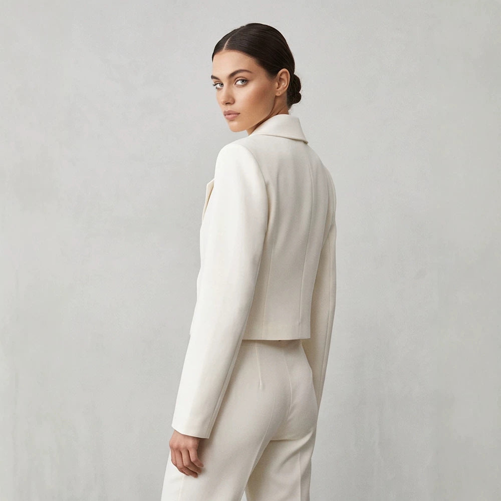 Women's Short Tailored Double-Breasted Shawl Collar Blazer with Emphasized Shoulder Area Mune Fashion