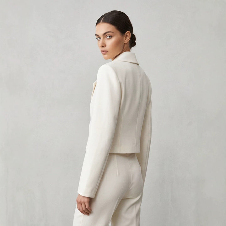 Women's Short Tailored Double-Breasted Shawl Collar Blazer with Emphasized Shoulder Area Mune Fashion