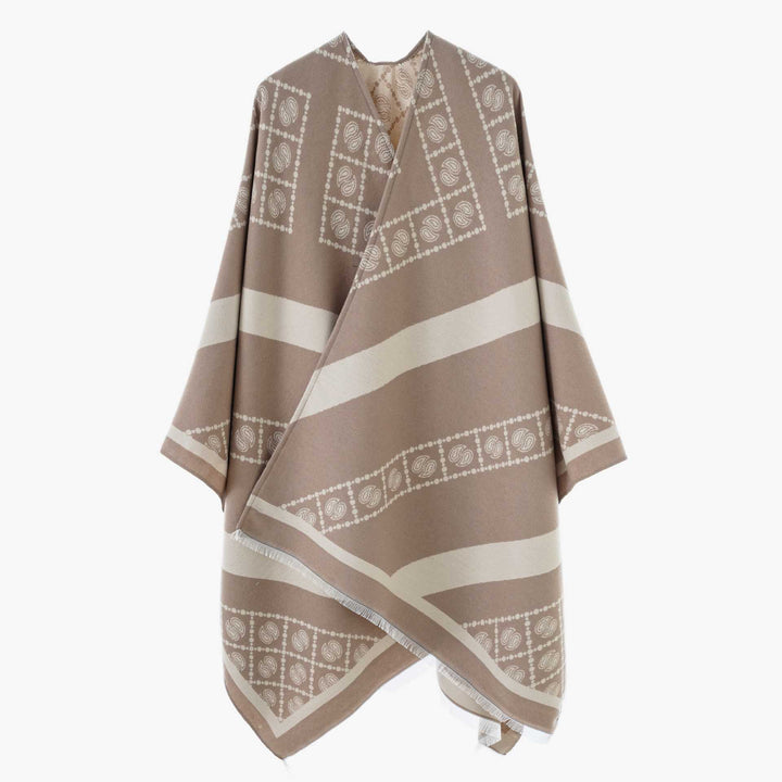 Women's jacquard cape-style wrap with paisley trim and fringes Mune Fashion