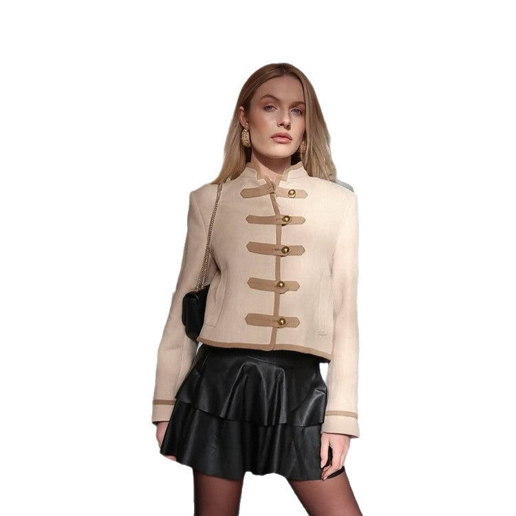 Women Short Military Inspired Jacket with Stand Collar and Decorative Button Placket Mune Fashion