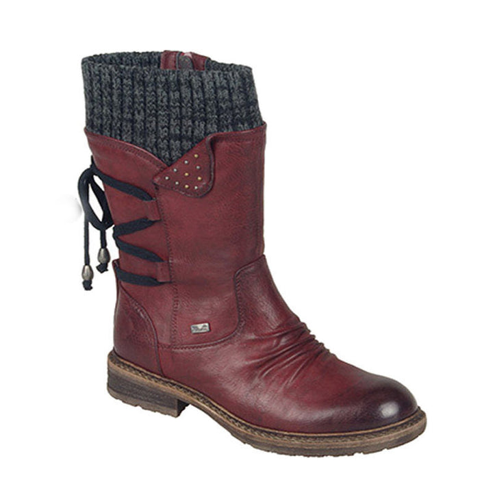 Women's Winter Short Shaft Ankle Boot with Knit Cuff, Decorative Cord and Suede Look Mune Fashion