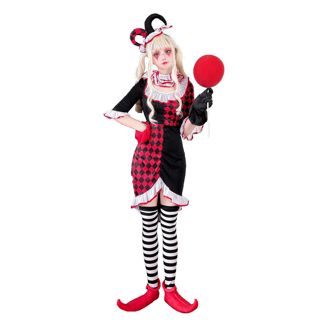 Girl clown costume with playful striped stockings and hat Mune Fashion