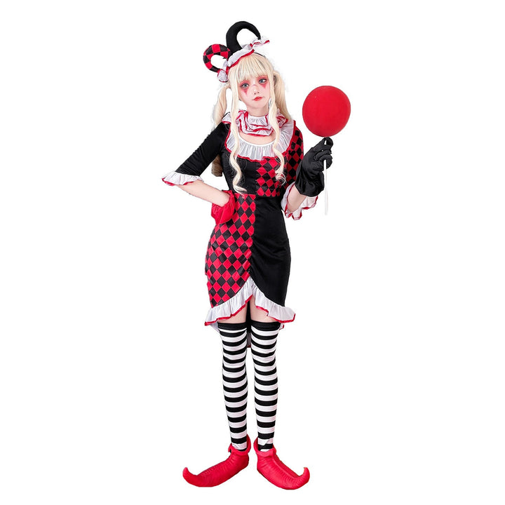 Girl clown costume with playful striped stockings and hat Mune Fashion