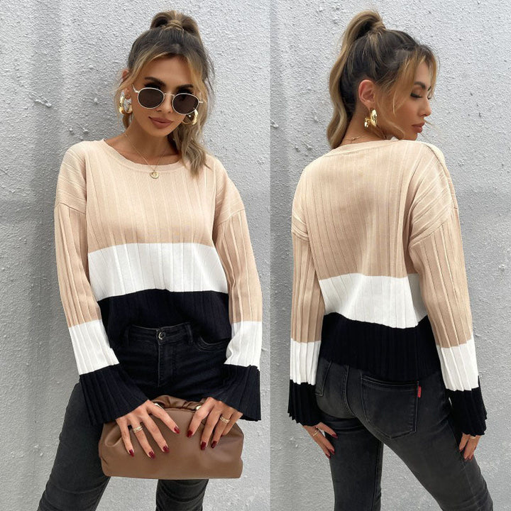 Women Ribbed Colorblock Sweater with Wide Cuff Sleeve Mune Fashion