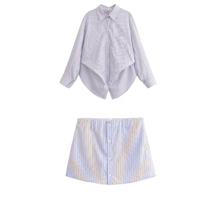 Women's Oversize Shirt Blouse with fine vertical stripes, chest pocket and rounded hem Mune Fashion