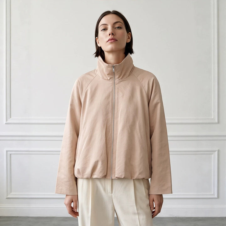 Women's light transitional jacket with high stand-up collar, raglan sleeves, and ballooned hem Mune Fashion