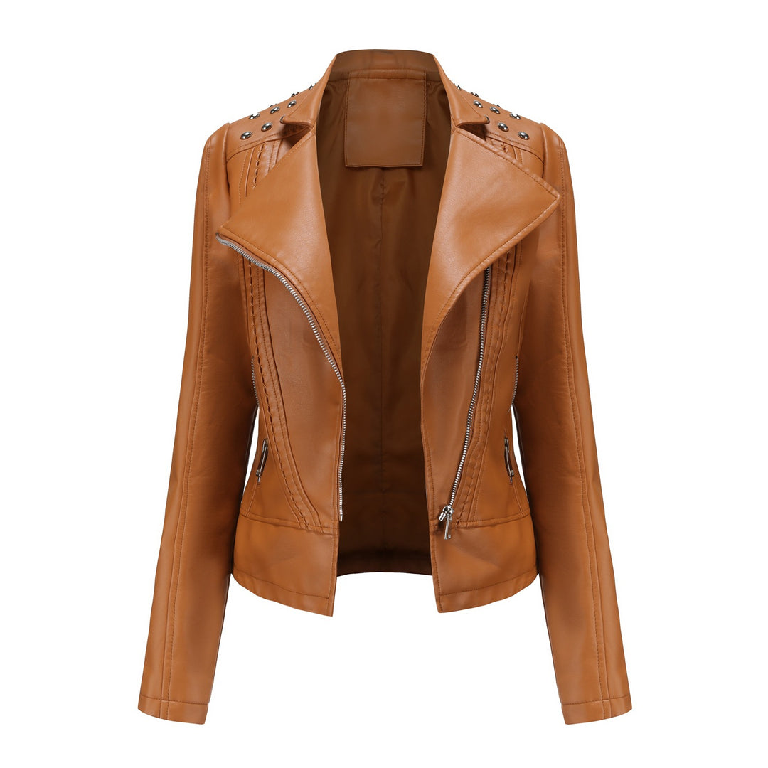 Women's nan biker jacket made of faux leather with studded details and asymmetric zipper Mune Fashion