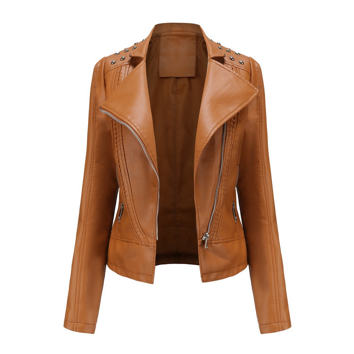 Women's nan biker jacket made of faux leather with studded details and asymmetric zipper Mune Fashion