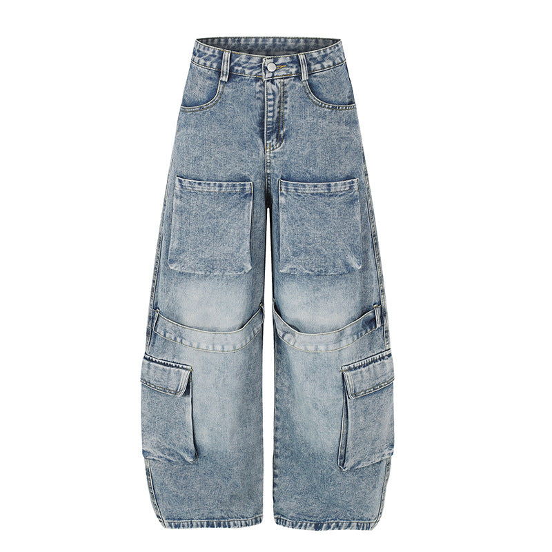 Women's High-Cut Wide Cargo Palazzo Jeans with Large Patch Pockets and Vintage Wash Mune Fashion