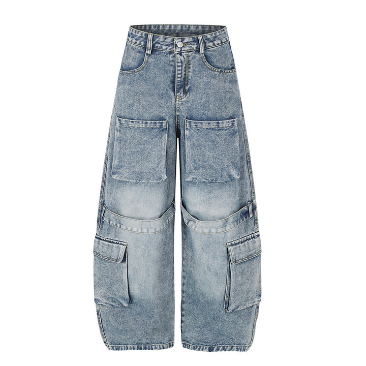 Women's High-Cut Wide Cargo Palazzo Jeans with Large Patch Pockets and Vintage Wash Mune Fashion
