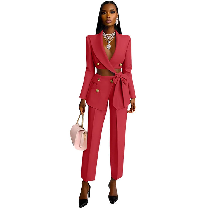 Ladies Tailored Crop Blazer with Decorative Bow, Double Breasted and High Waisted Pants Mune Fashion