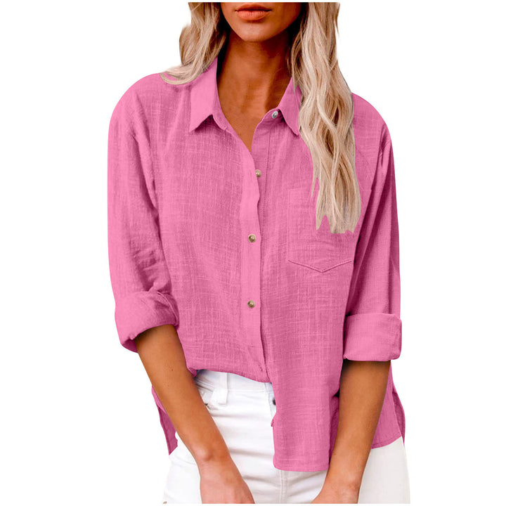 Women's oversized linen-cotton blend shirt blouse with breast pocket and roll-up sleeves Mune Fashion