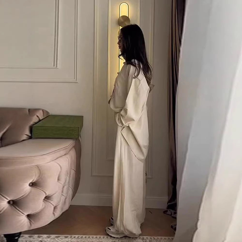 Women Two-Piece Oversize Lounge Set with Stand-Up Collar and Decorative Knot Closures Mune Fashion