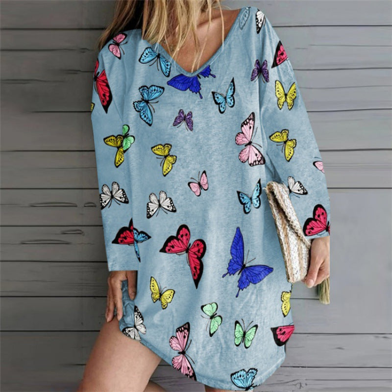 Women Oversize Tunic Dress with V-Neck and Butterfly Print Mune Fashion
