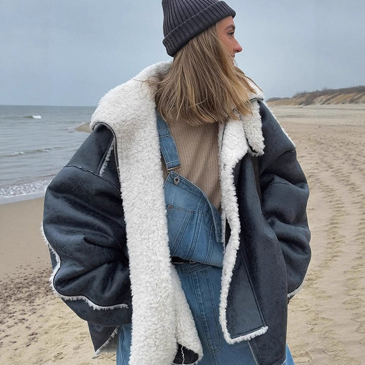 Women's Oversize Pilot Jacket in Vintage Look with Sherpa Lining and Contrast Trimmings Mune Fashion