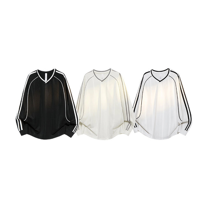 Damen Weites V-Ausschnitt Oversize-Sportshirt mit Raglanärmeln und Kontraststreifen Mune Fashion