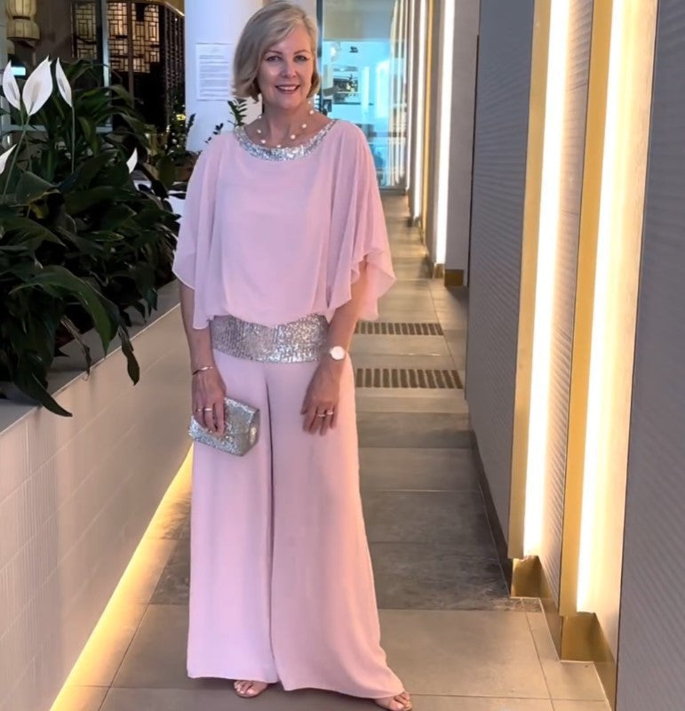 Women's Elegant Evening Two-Piece with Chiffon Cape and Palazzo Pants Mune Fashion
