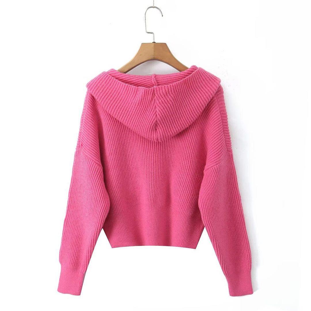 Women's Short Ribbed Knit Cardigan with Wide Hood Collar and Patch Pockets Mune Fashion