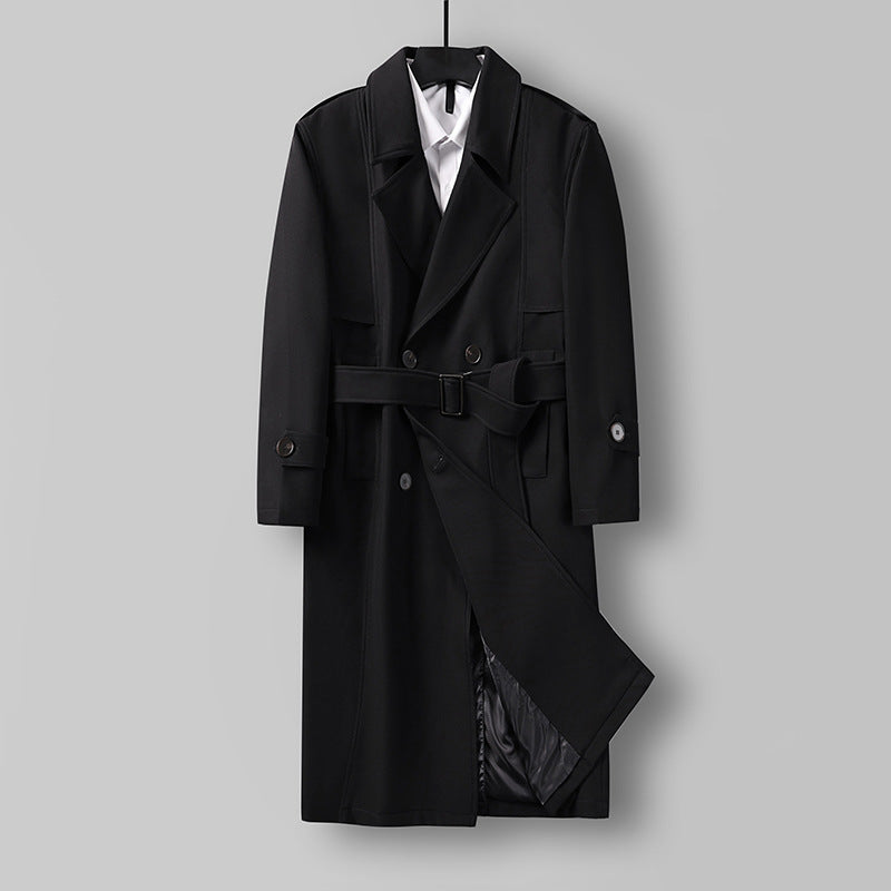 Men's Midi Length Double Breasted Trench Coat with Waist Belt, Notched Lapel and Checked Lining Mune Fashion