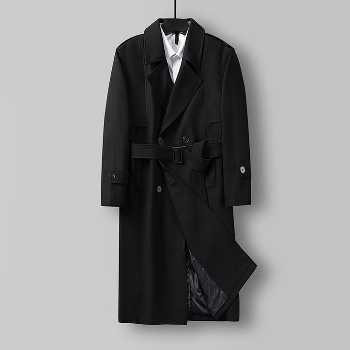 Men's Midi Length Double Breasted Trench Coat with Waist Belt, Notched Lapel and Checked Lining Mune Fashion