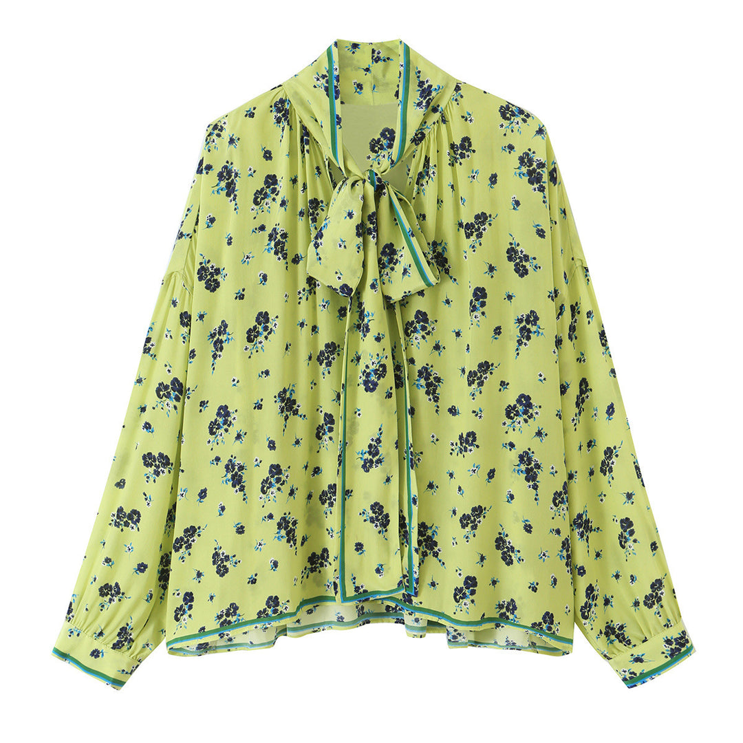 Women's Floral Satin Bow Blouse with Loose Fall and Retro Print Mune Fashion
