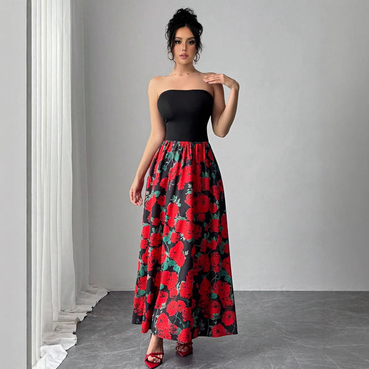 Ladies strapless maxi dress with fitted bandeau top and flared rose print skirt Mune Fashion
