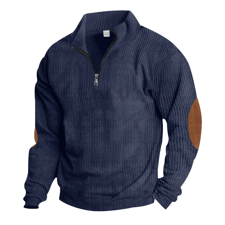 Men's knitted fine knit pullover with short zipper stand-up collar and leather-look elbow patches Mune Fashion