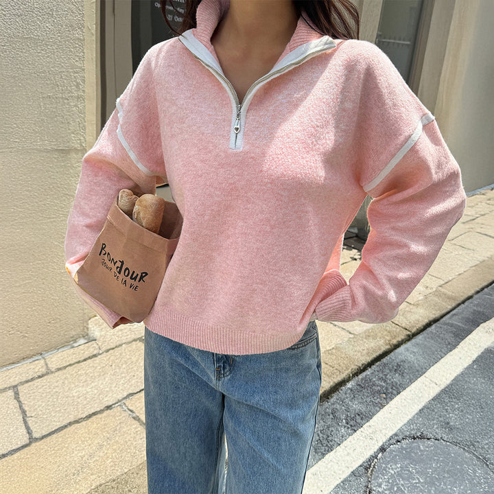 Women's oversized knitted pullover with half zip, contrast piping and drop shoulder Mune Fashion
