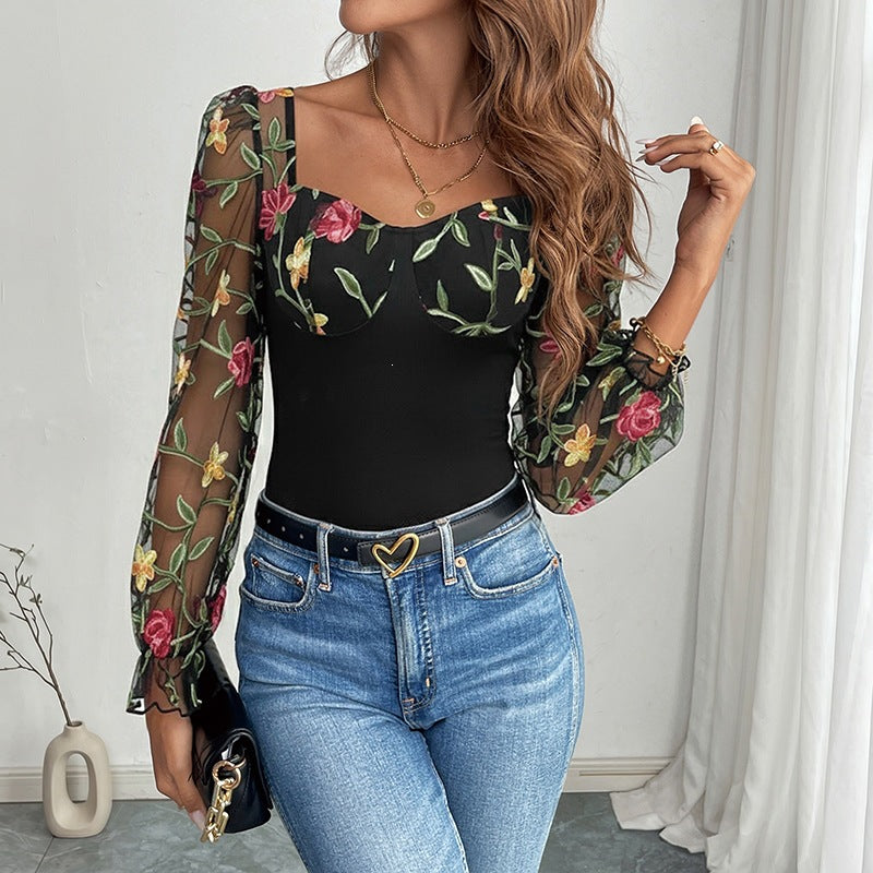 Women's shaping mesh bodysuit with corset look, balconette neckline and embroidered sheer sleeves Mune Fashion