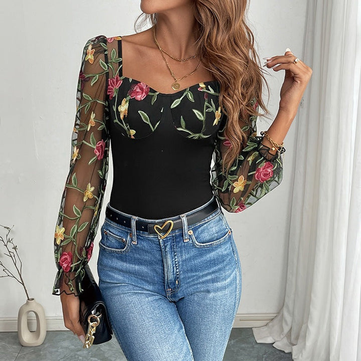 Women's shaping mesh bodysuit with corset look, balconette neckline and embroidered sheer sleeves Mune Fashion