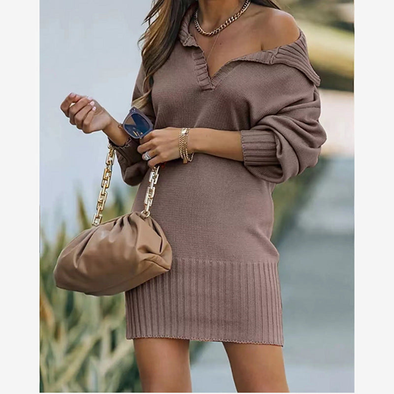 Women's off-shoulder knitted mini dress with wide V-neckline and ribbed waistband Mune Fashion