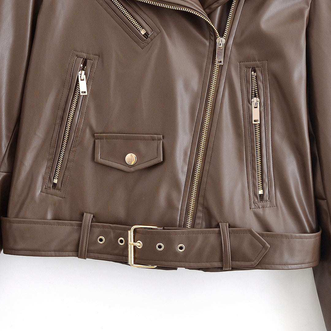 Women's biker jacket made of faux leather with asymmetrical zipper, waist belt, and gold-colored details Mune Fashion