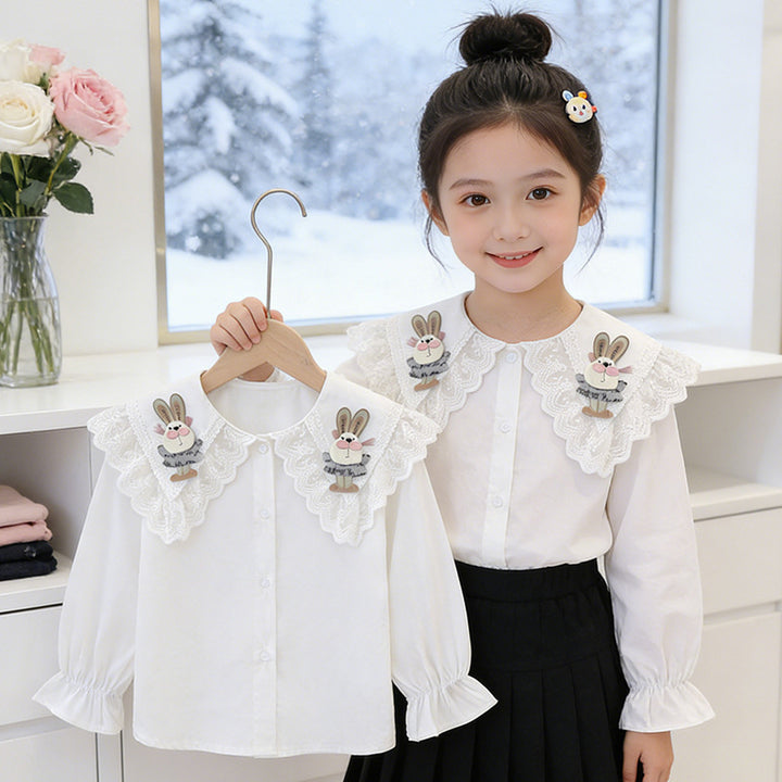 Girls ruffle blouse with playful bunny motif and lace collar Mune Fashion