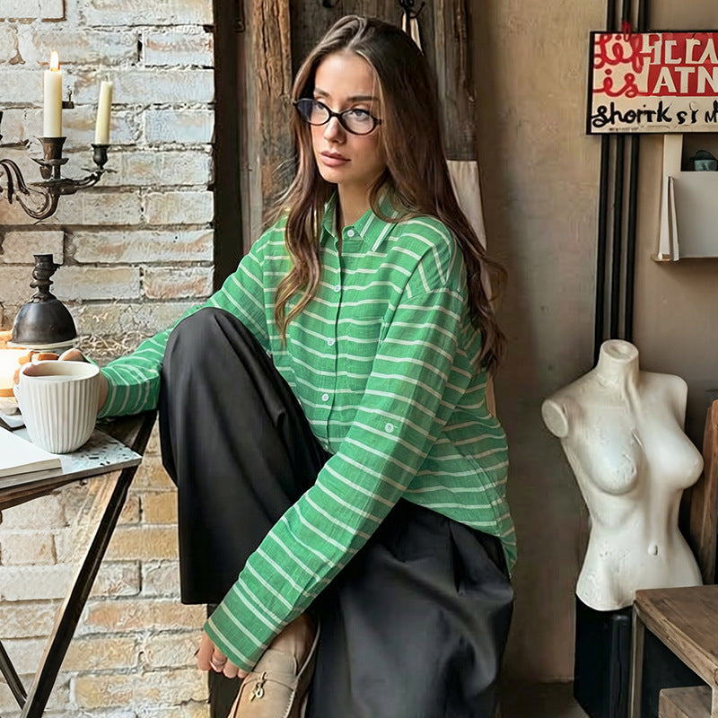 Women's Casual Striped Oversize Shirt Blouse in Linen Look with Breast Pocket Mune Fashion