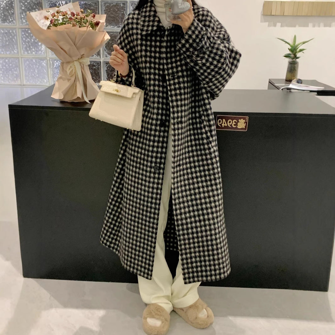 Women's Houndstooth Oversize Wool Blend Coat with Wide Cut and Button Closure Mune Fashion