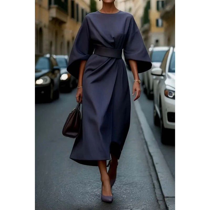 Ladies Elegant Midi Dress with Wide Kimono Sleeves and Fitted Wrap Waist Mune Fashion