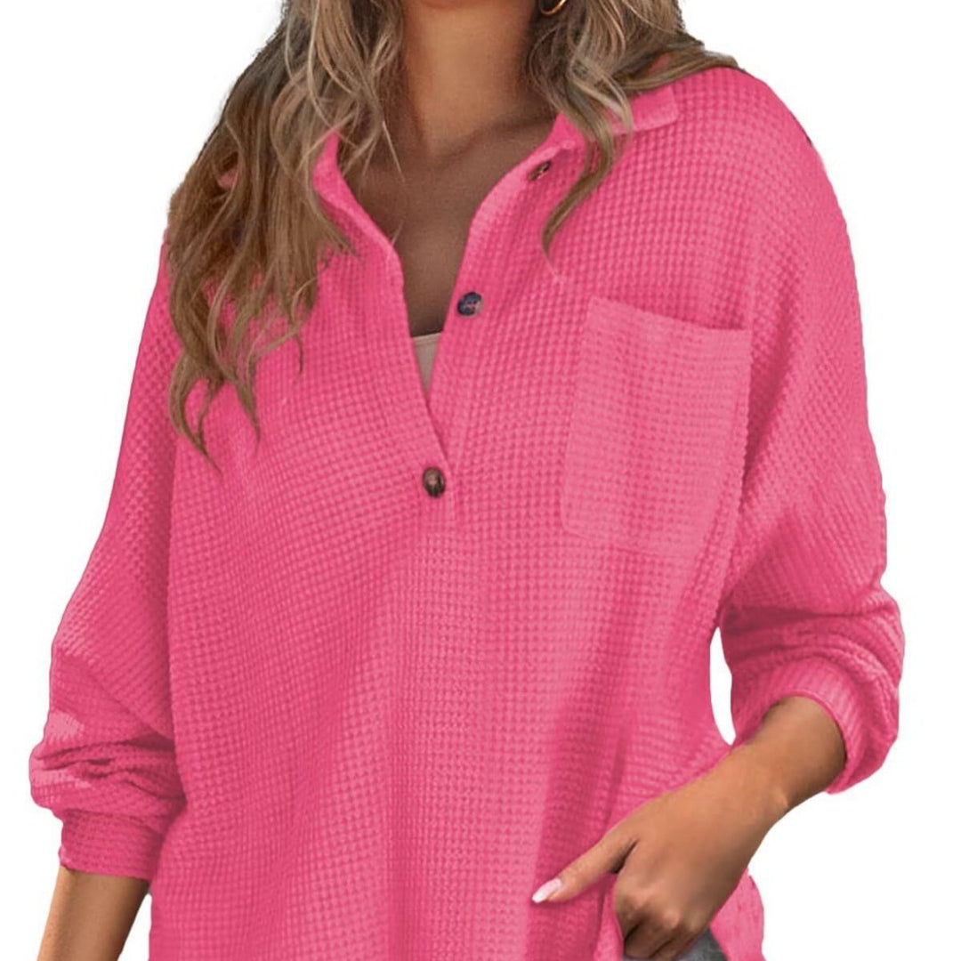 Women's Oversize Waffle Knit Shirt Tunic with Chest Pocket and Wooden Buttons Mune Fashion