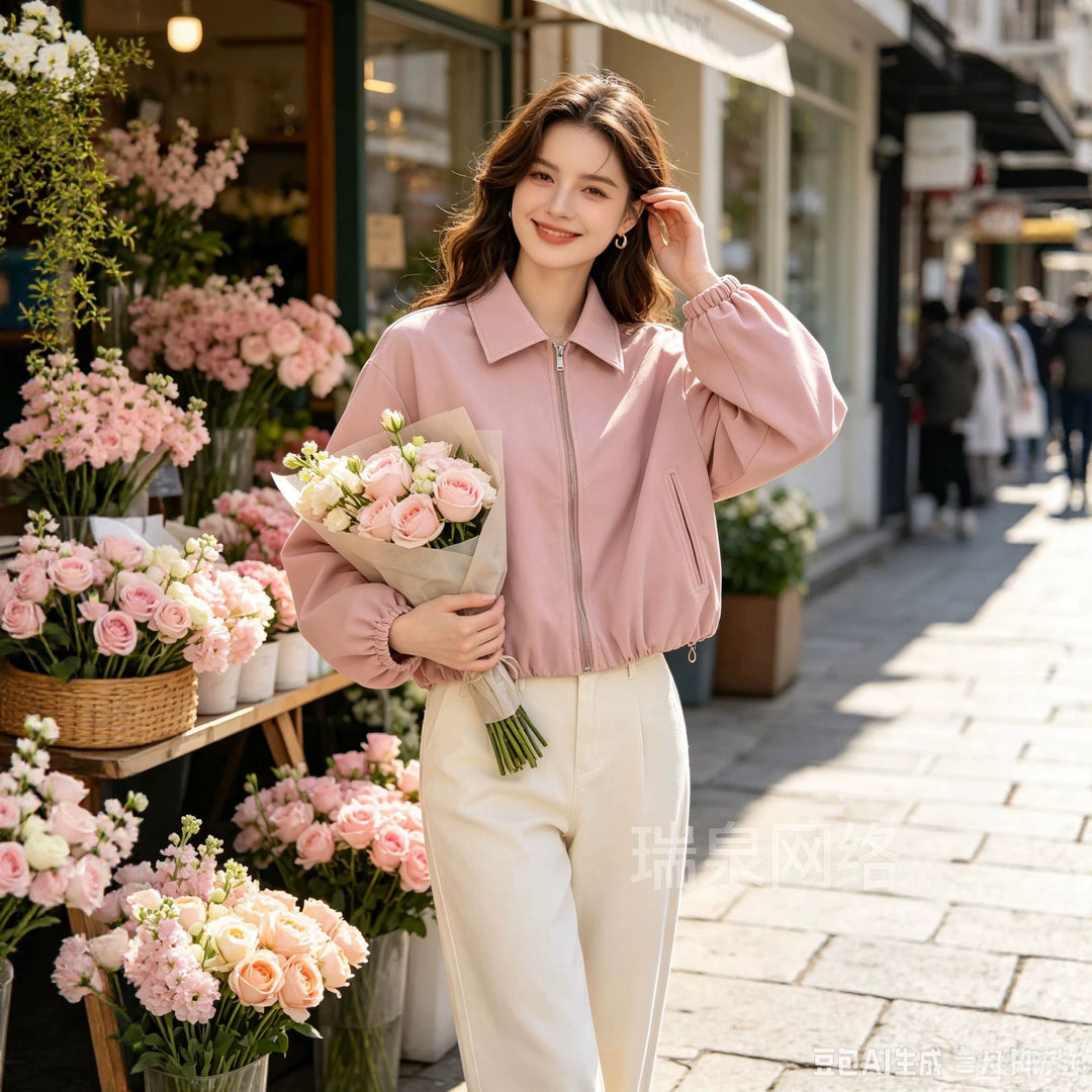 Women's Cropped Bomber Jacket with Balloon Sleeves, Elastic Hem and Lapel Collar Mune Fashion