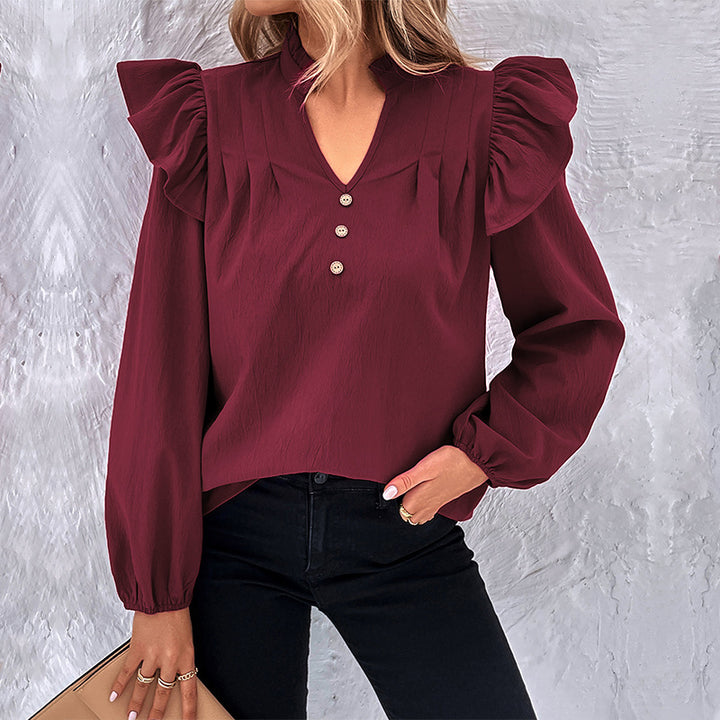 Women's Romantic Ruffled Blouse with Stand Collar, V-Neck and Balloon Sleeves Mune Fashion
