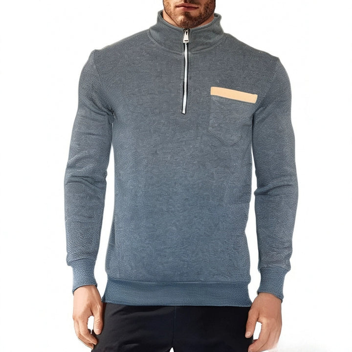 Men's finely structured half-zip fine knit pullover with stand-up collar, chest pocket, and slim silhouette Mune Fashion