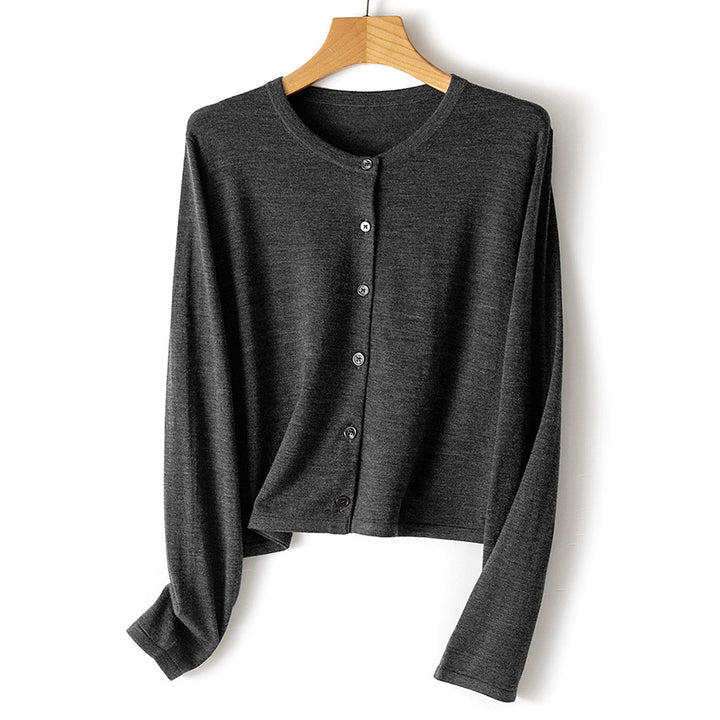 Women's lightweight short-cut fine knit cardigan with round neckline and button placket Mune Fashion