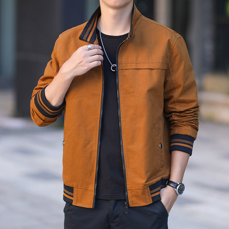 Men's modern canvas bomber jacket in worker style with striped ribbed cuffs and zipper Mune Fashion